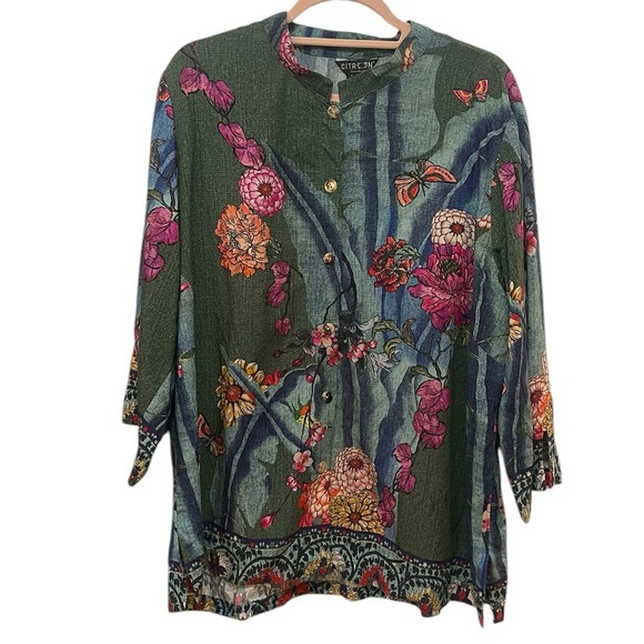 Citron Tops - Citron butterfly flower button down blouse novelty print 1X  split sleeve